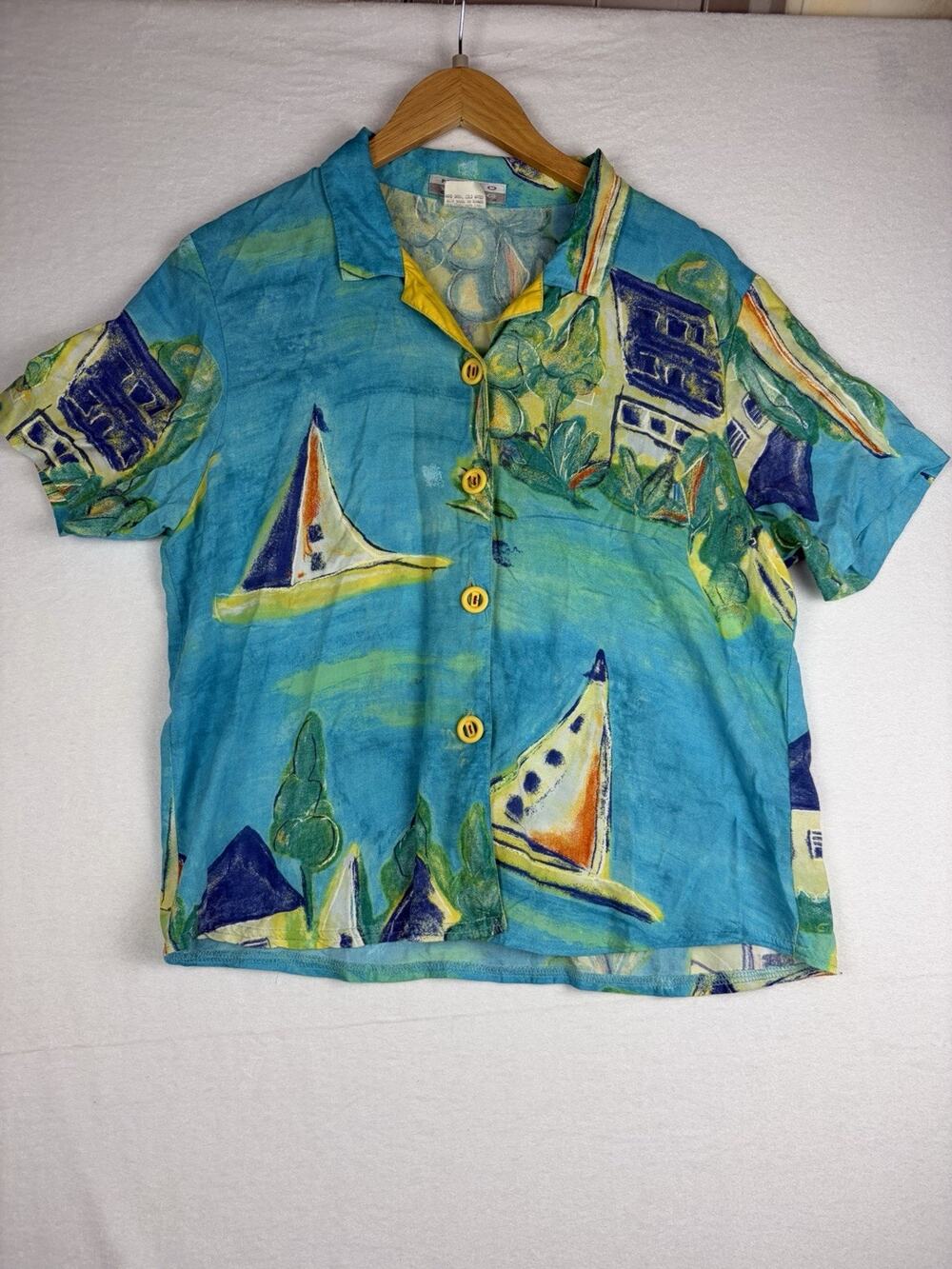 Nino Wong California Shirt Women’s 8 Turquoise Sailboat Coastal Rayon USA Made